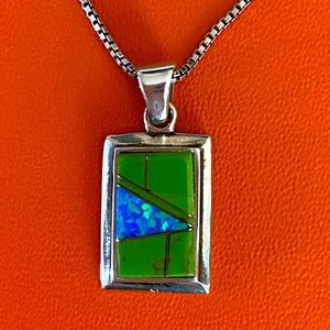 Gemstone Opal Inlaid 925 Silver AGI Italy on 925 Silver 16” Chain Necklace